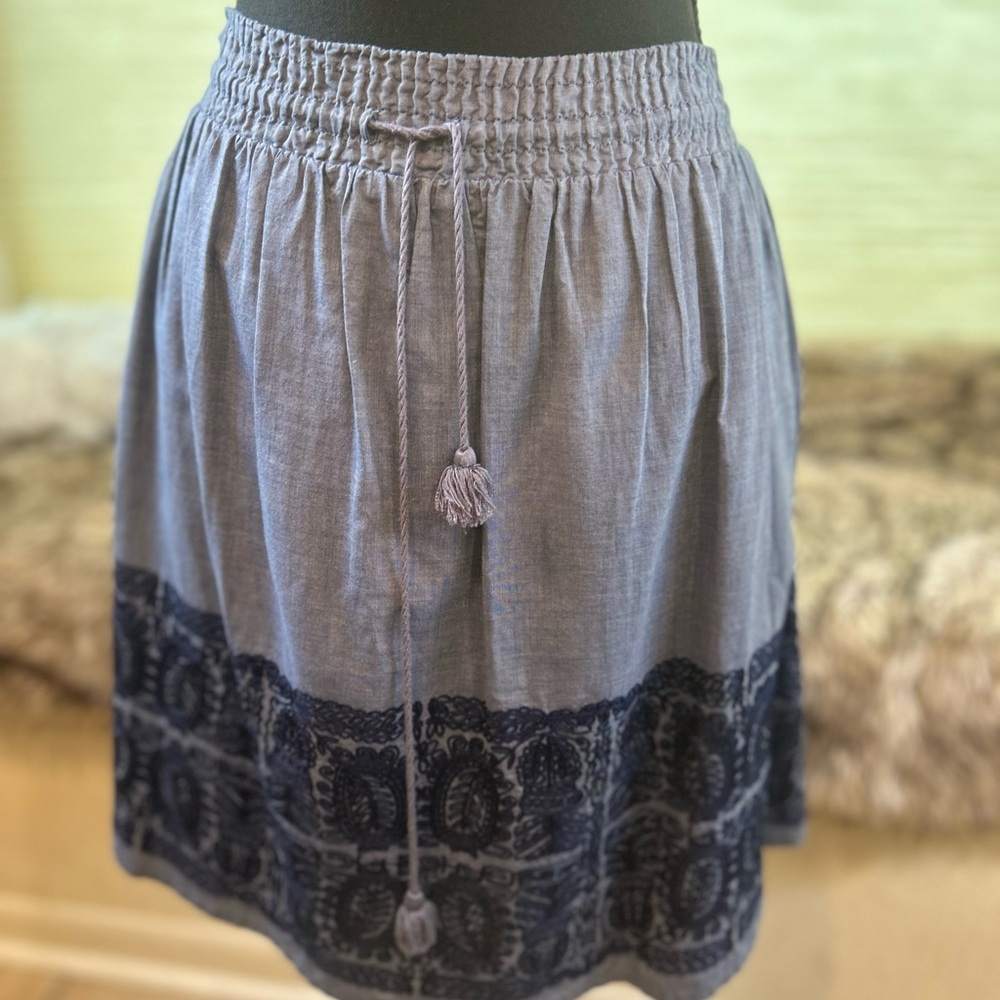 J Crew Cotton light Blue Mini Skirt with Dark Blue Embroidery at Hem